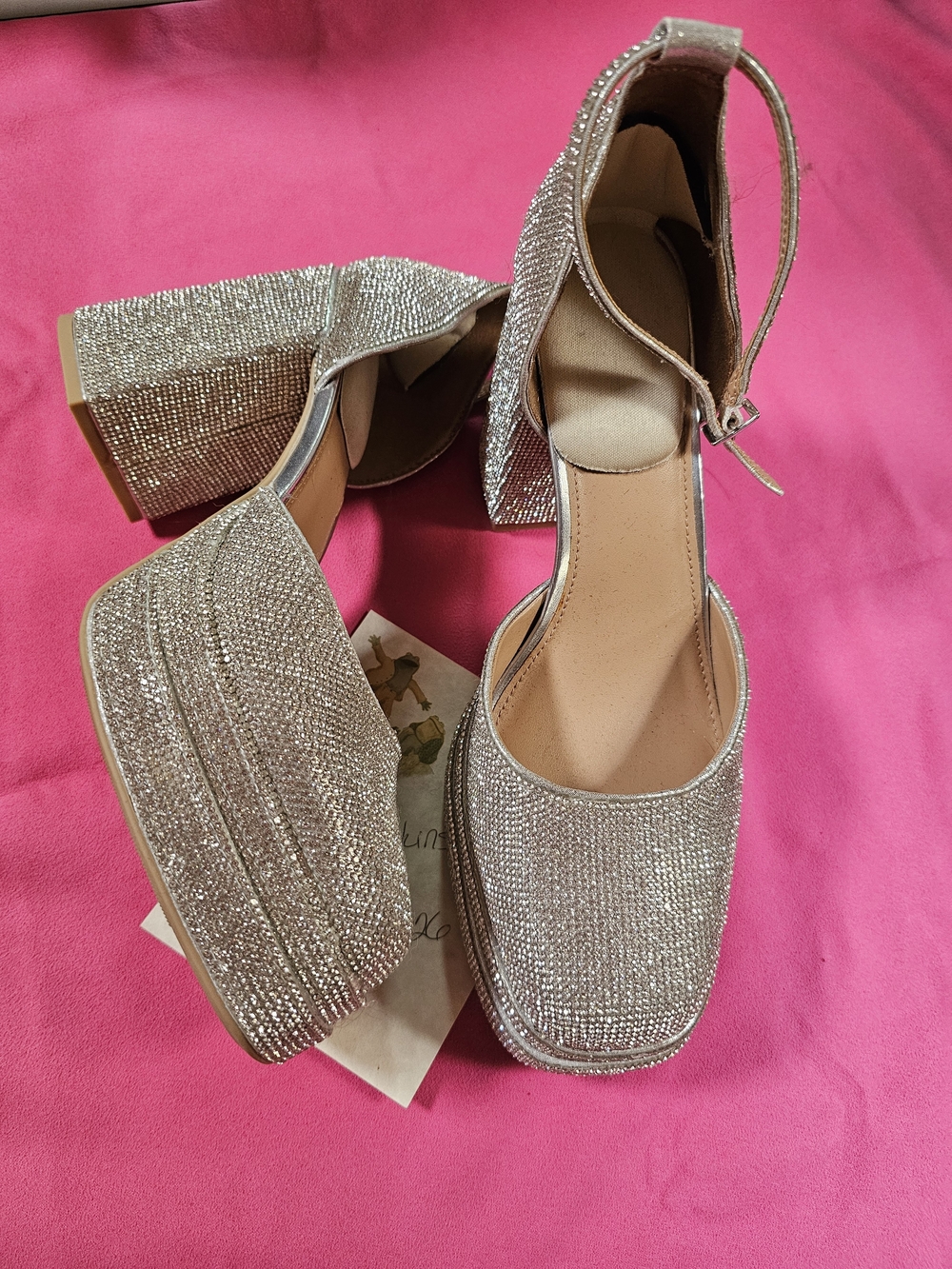 Glitter Block Heel Ankle-Strap Sandals - Silver Size 10
